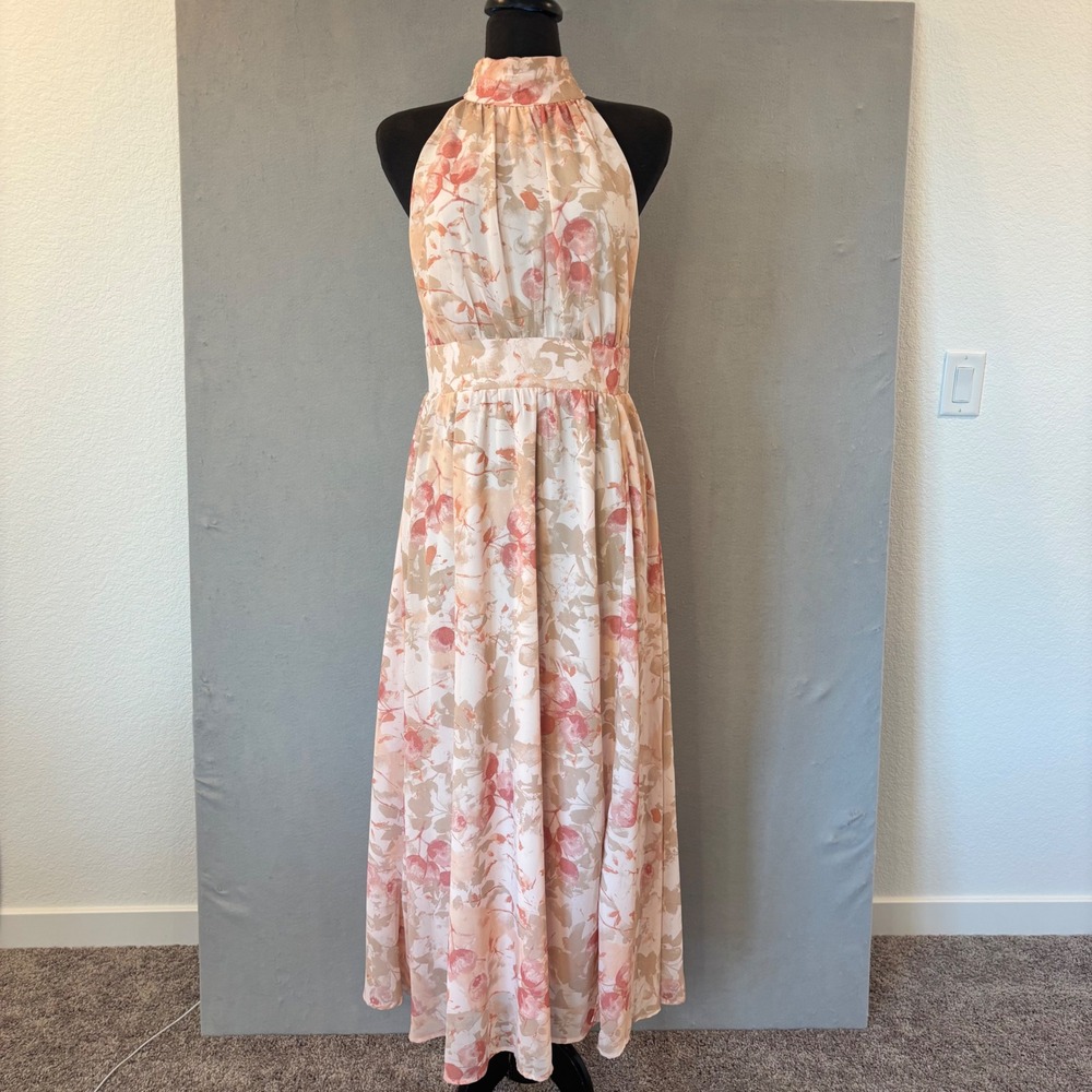 JJ's House Pearl Pink Floral Chiffon Halter Maxi Dress A-Line Wedding Guest L - Picture 2 of 10